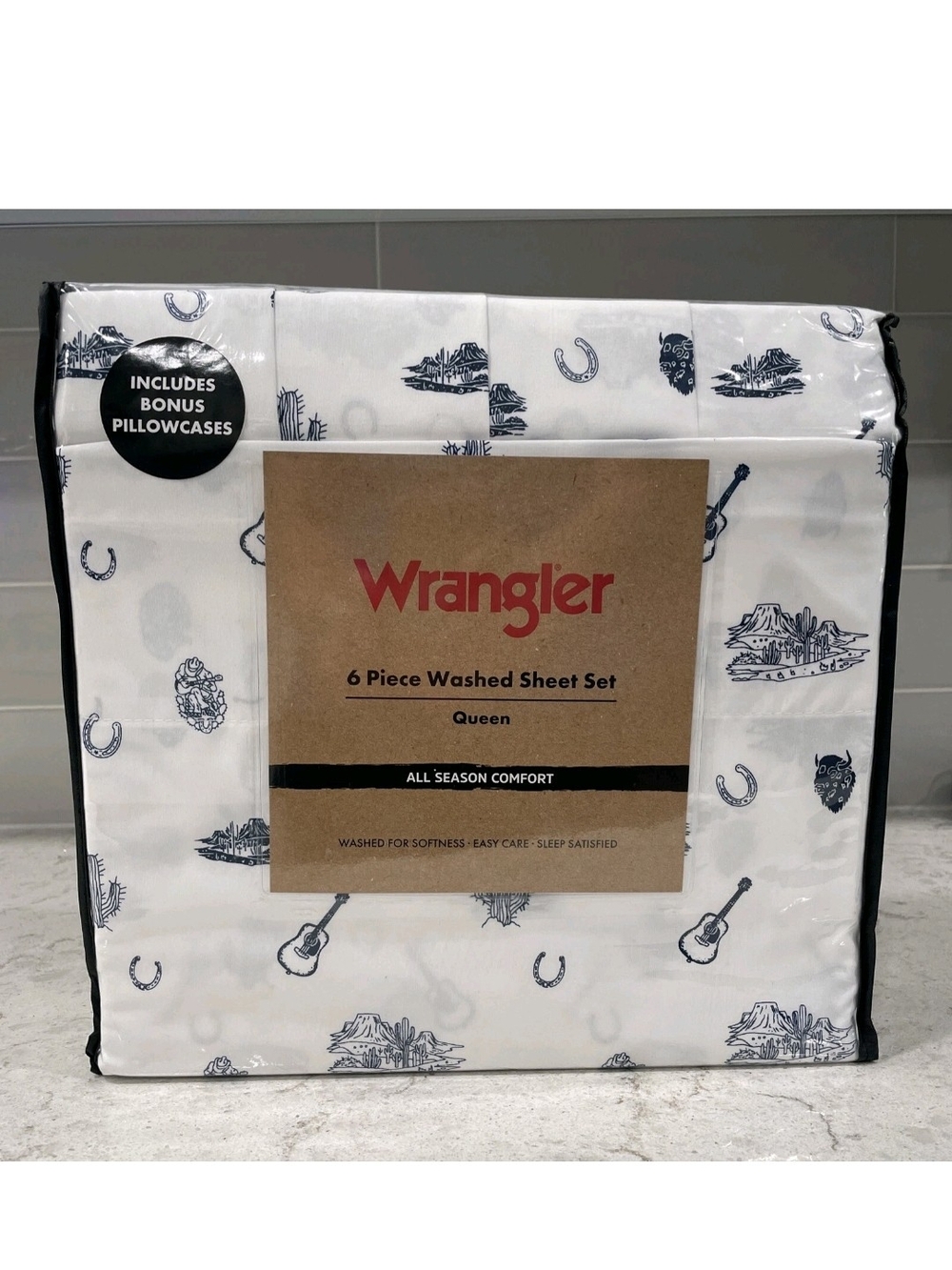 New Wrangler Queen Size White Sheet Set with Navy Western Icons Cowboys